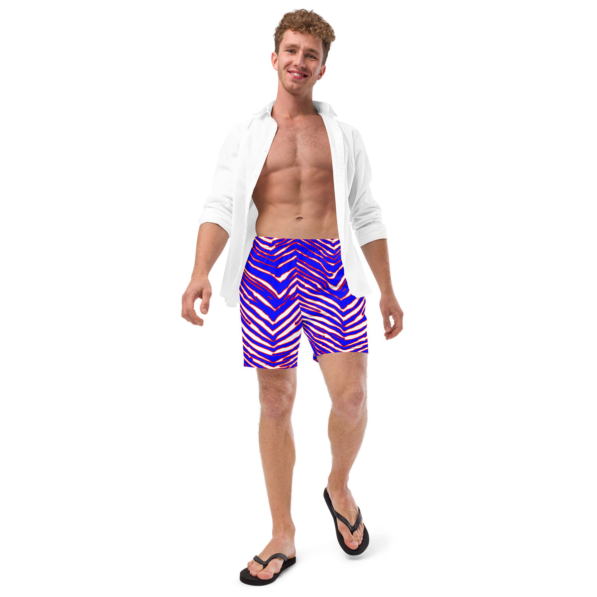 Front of Buffalo Zubas men's bathing suit paired with a white button down shirt and black flip flops.