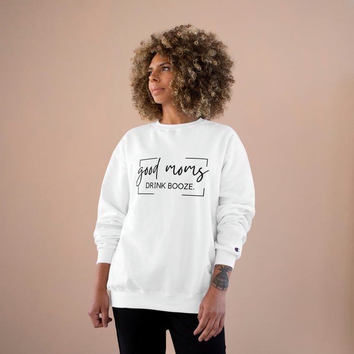 Good moms sweatshirt Champion brand crewneck in white paired with black jeans.