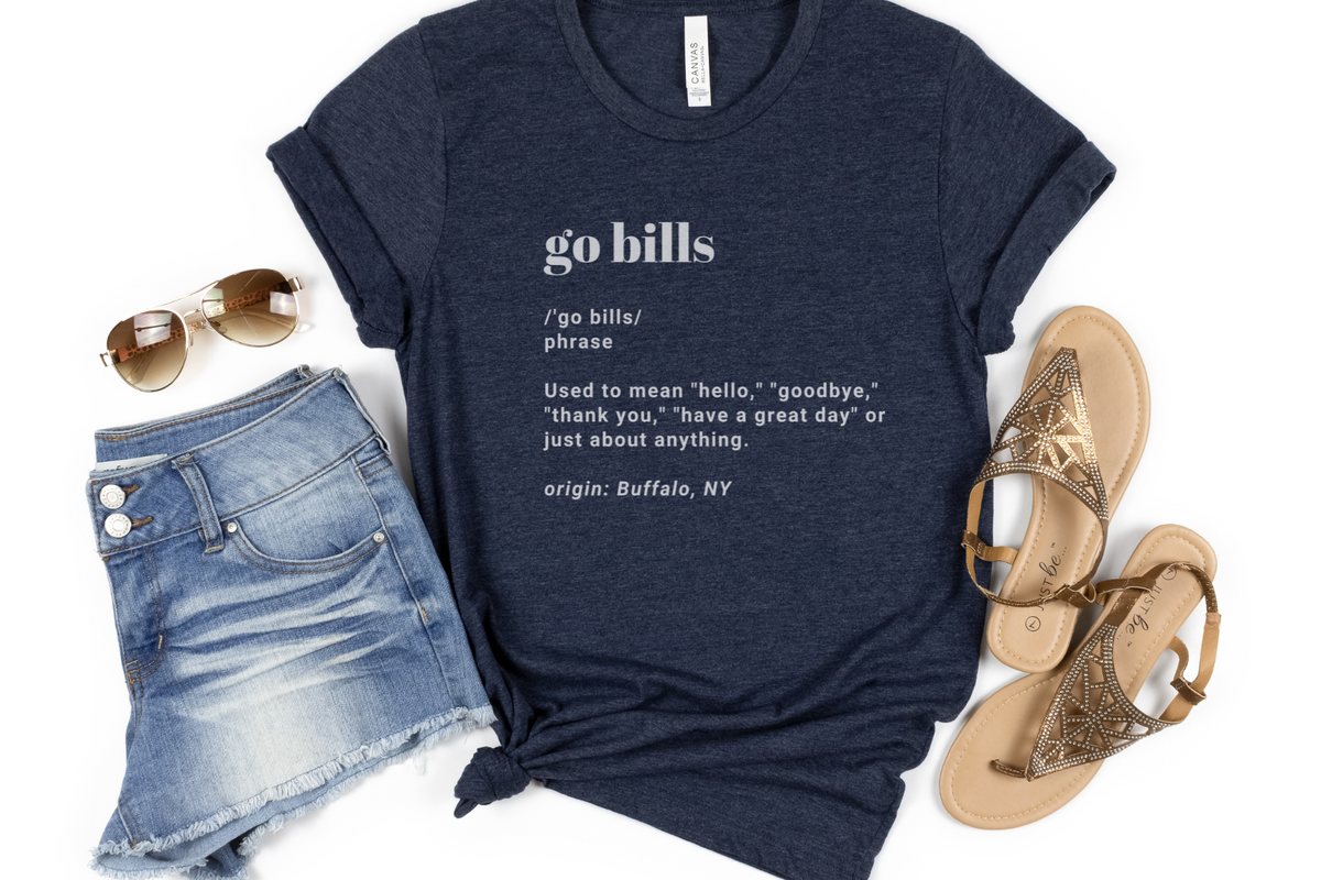 Go Bills definition tee in heather navy paired with light wash shorts, tan rhinestone sandals and aviator sunglasses. 