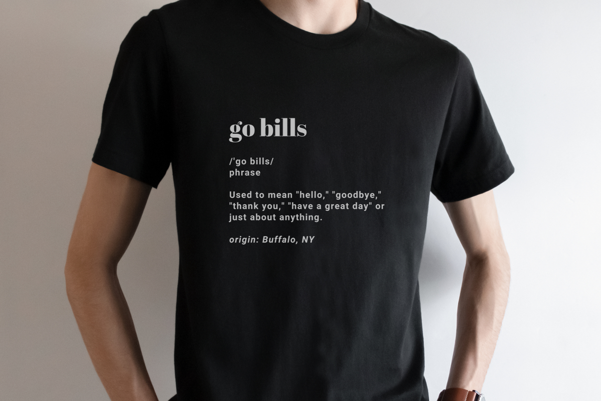Go Bills definition tee in black paired with a brown leather watch. 