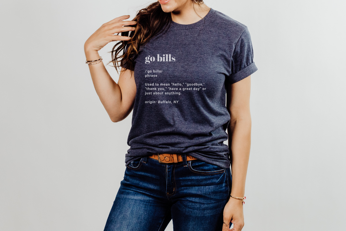 Go Bills definition tee in heather navy paired with medium wash jeans and a Calvin Klein belt.