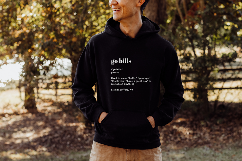 Go Bills definition hoodie in navy paired with khakis.