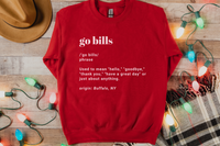 Go Bills definition crewneck sweatshirt in red paired with a black, white and tan plaid scarf and tan hat.