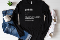 Unisex Go Bills definition long sleeve in black paired with white sneakers and medium wash jeans. 