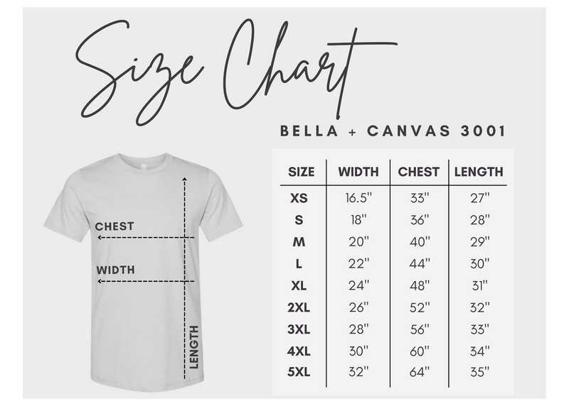 Go Bills Definition Bell & Canvas Jersey Tee size chart.