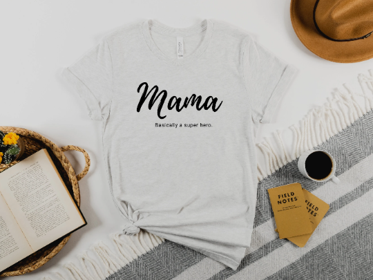 Mama graphic tee paired with a mustard hat.