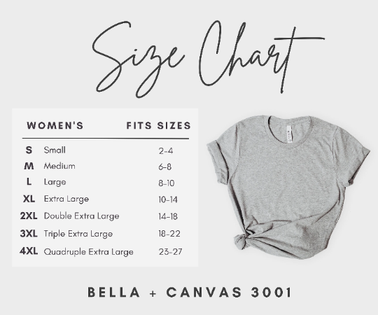 Bella and Canvas jersey tee size chart.