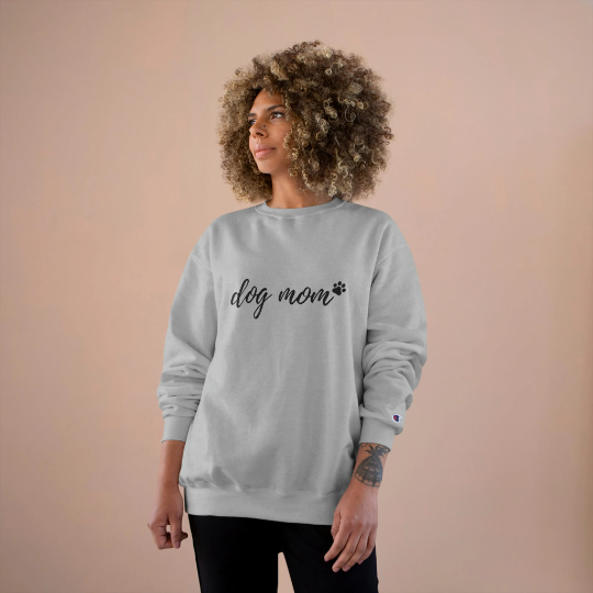 Dog Mom Champion brand sweatshirt in light steel paired with black jeans.