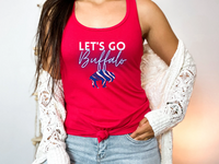 Women's red Buffalo Bills racerback tank paired with white lace sweater and light wash jeans.