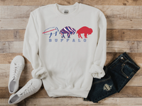 Buffalo Bills Josh Allen football sweatshirt in white paired with dark wash jeans and white converse sneakers.