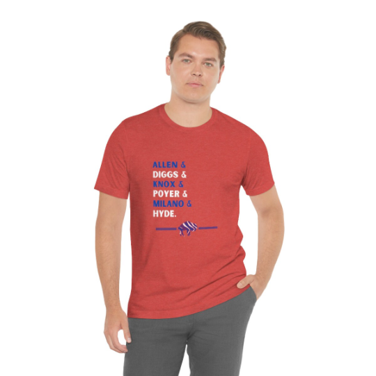Unisex Buffalo Bills' Players jersey tee in red paired with gray pants.