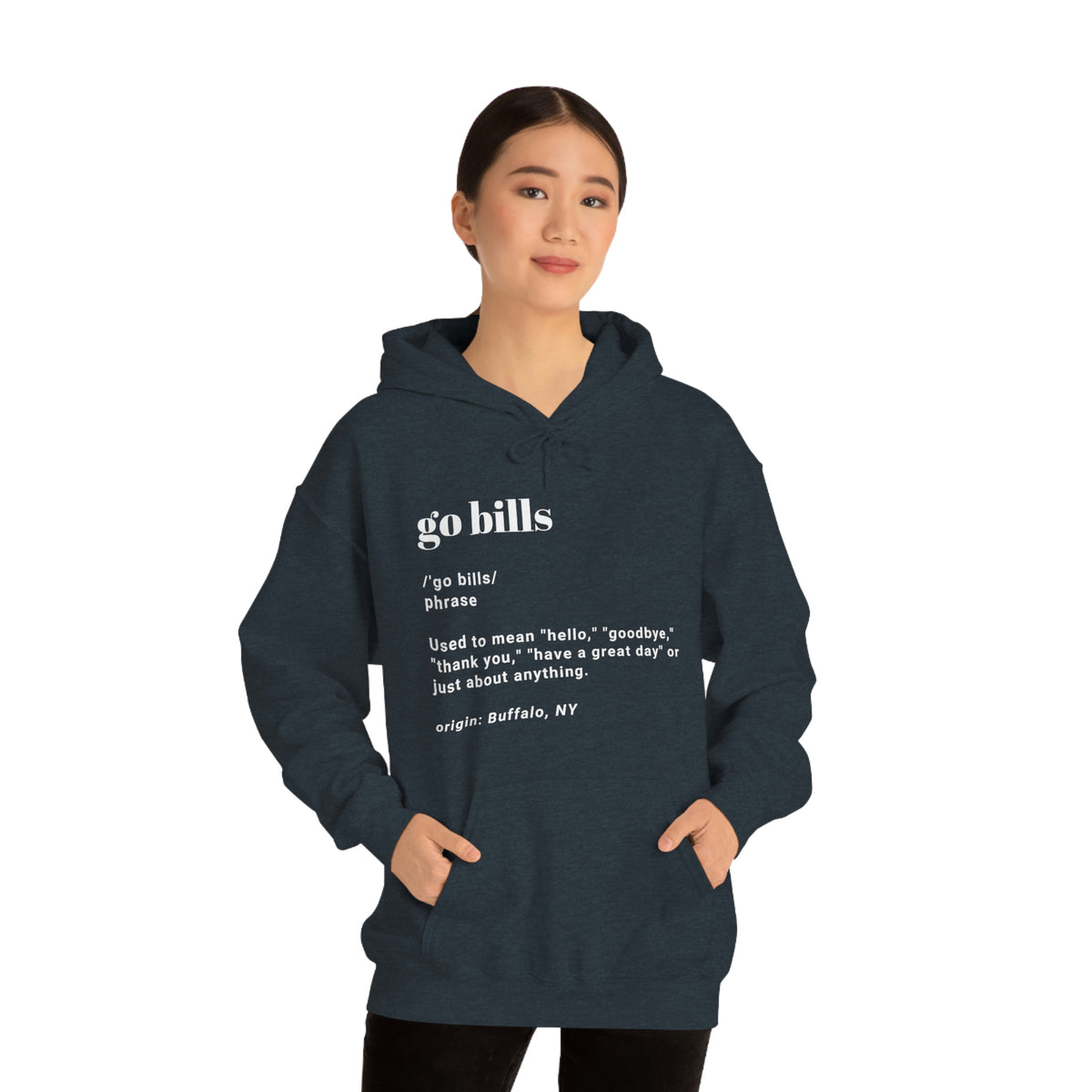 Go Bills definition hoodie in navy paired with black leggings.
