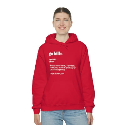 Go Bills definition hoodie in red paired with light wash jeans.