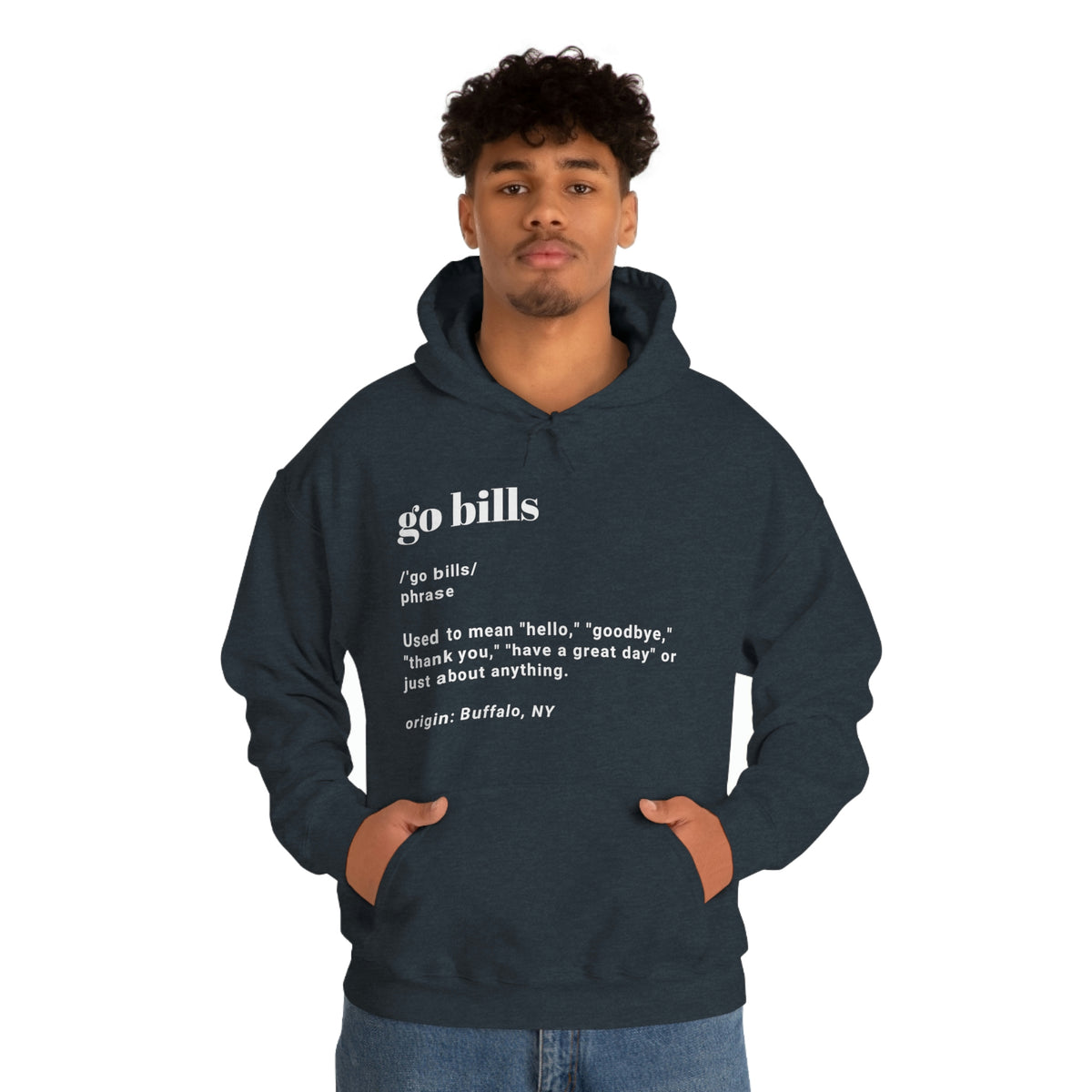 Go Bills definition hoodie in heather navy paired with jeans.